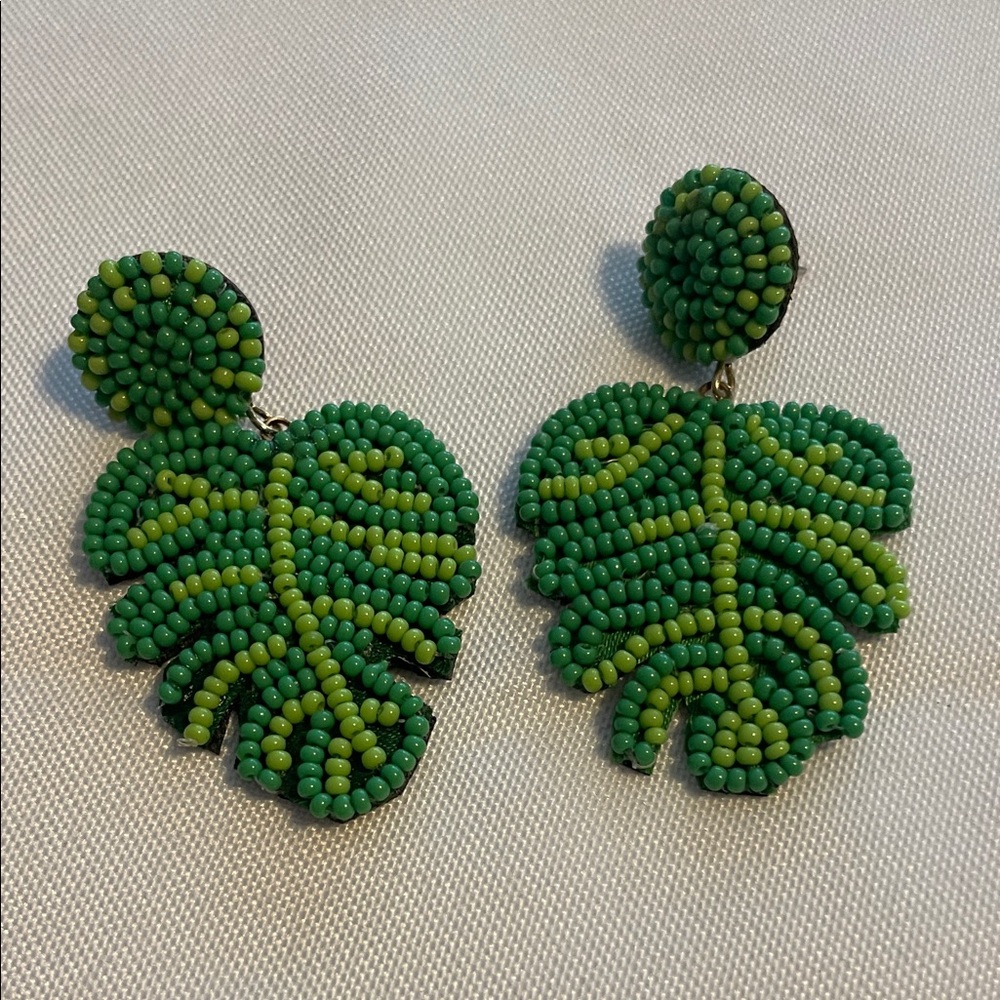 Green Beaded Leaf Earrings